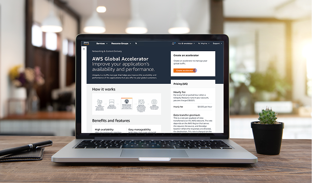 AWS Global Accelerator marketing page shown on a laptop
